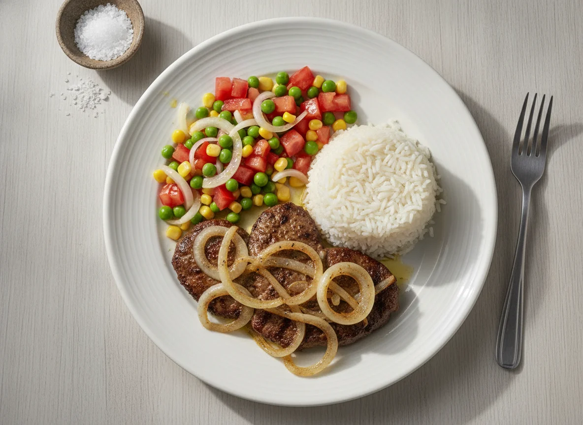 Bife de fígado acebolado com arroz e salada de vegetais photo