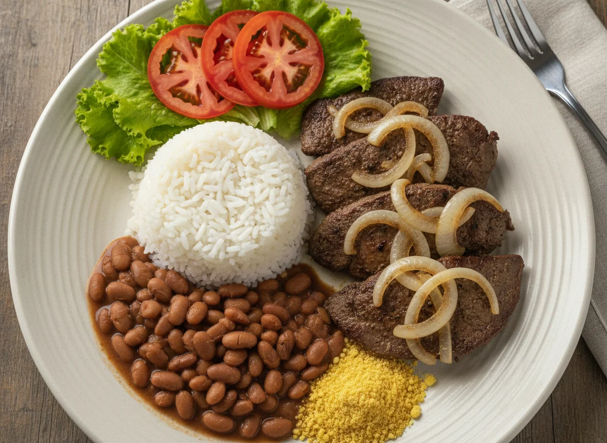 Bife de Fígado Acebolado com Arroz, Feijão e Salada photo