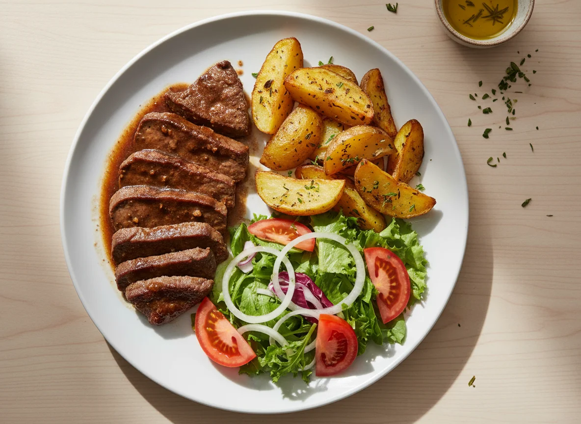 Bife de fígado com batatas rústicas e salada photo
