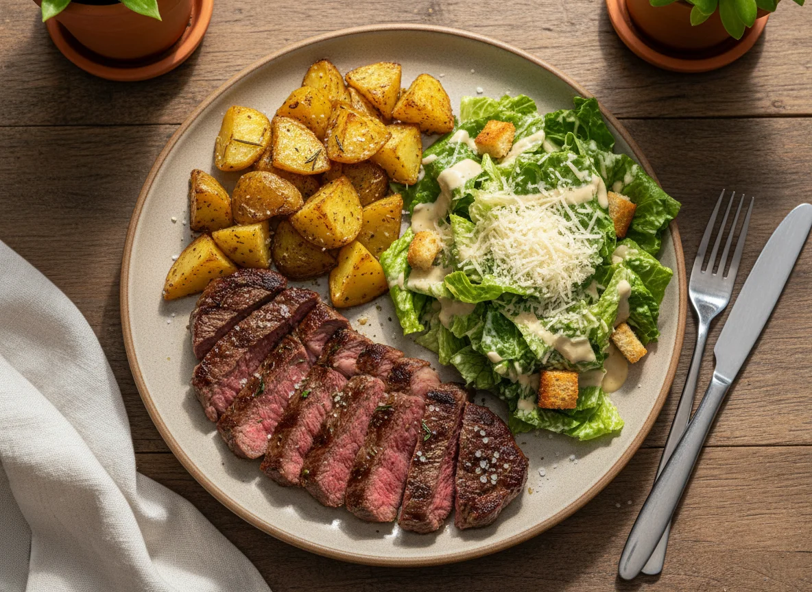 Bife de Fraldinha com Batata Rústica e Salada Caesar photo