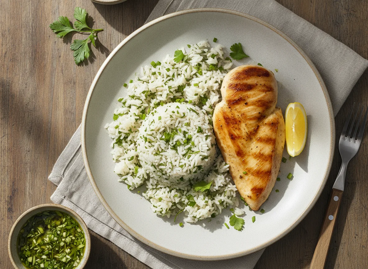 Bife de frango com arroz de ervas photo
