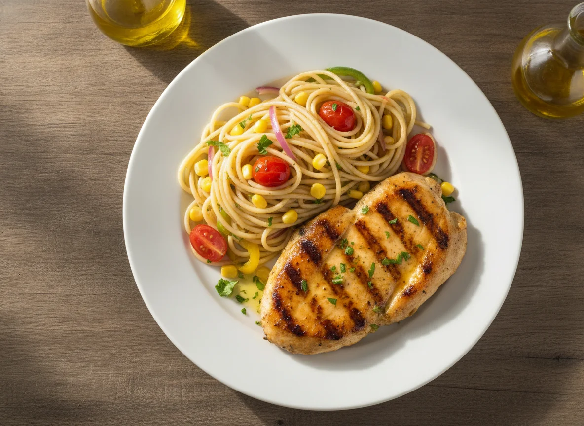 Bife de frango grelhado com acompanhamento de vegetais e massa photo
