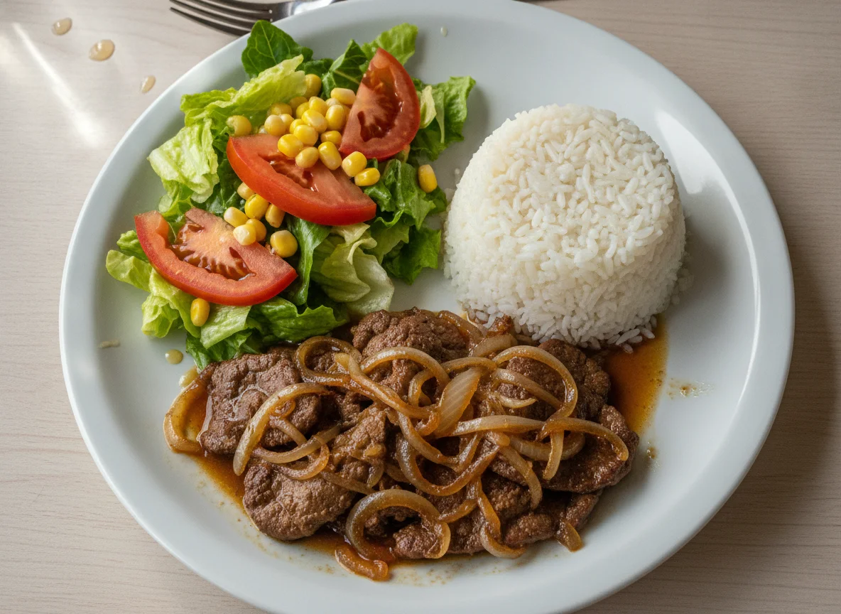 Bife de iscas com arroz e salada photo