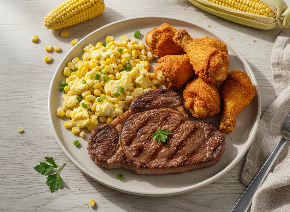 Bife de Paleta, Coxinha de Asa, Milho e Ovos Mexidos photo