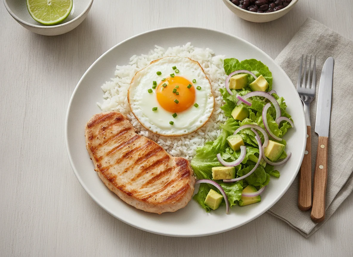 Bife de peru com arroz, ovo estrelado e salada de abacate photo