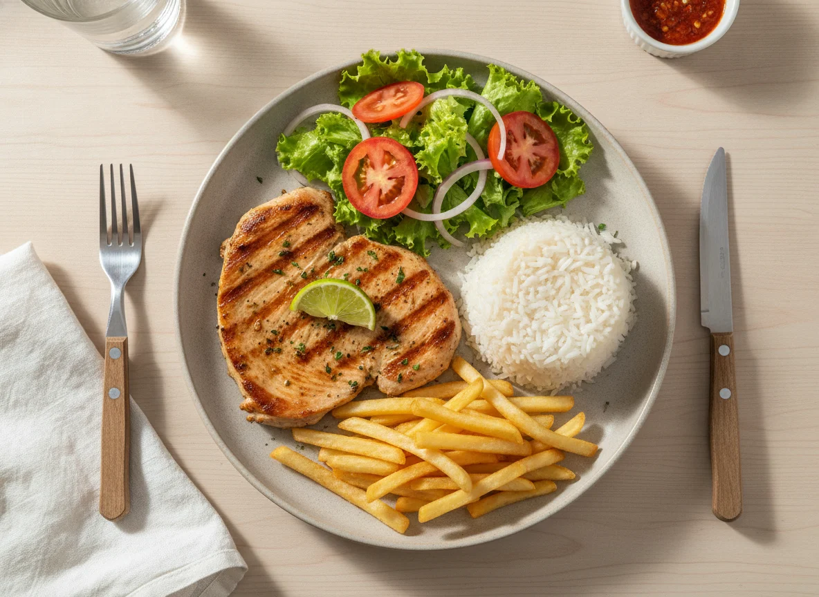 Bife de peru grelhado com arroz, batata frita e salada photo