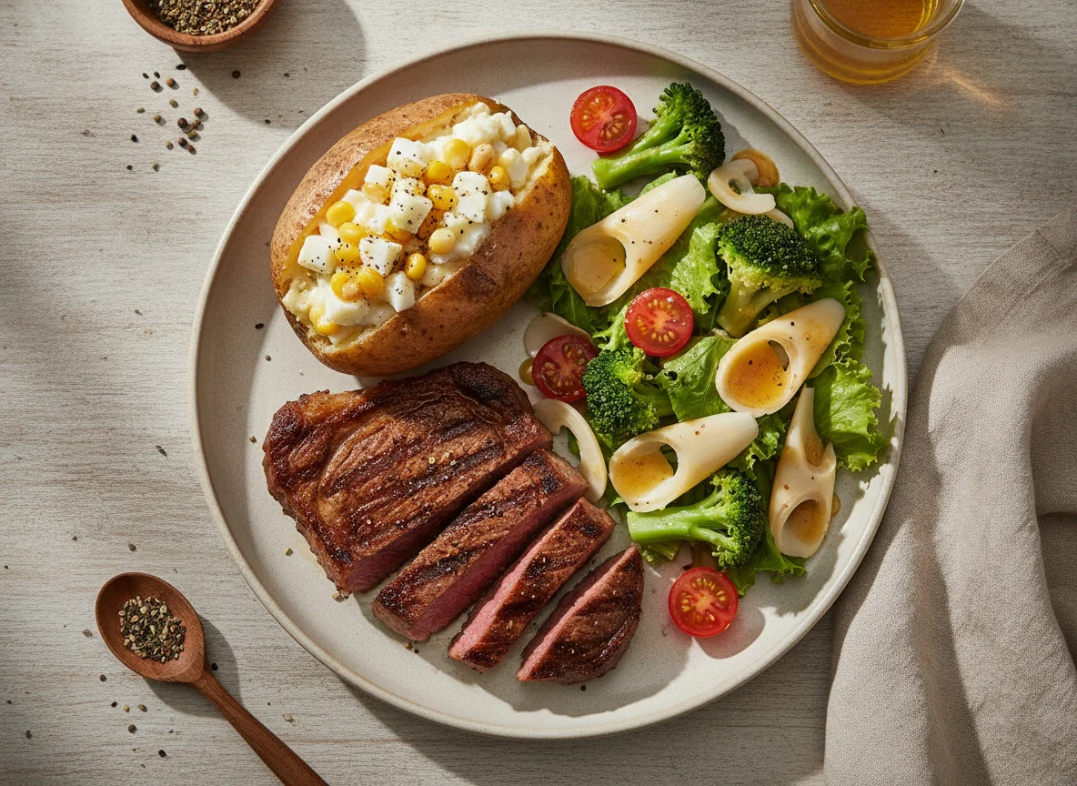 Bife de Picanha com Salada e Batata Recheada photo