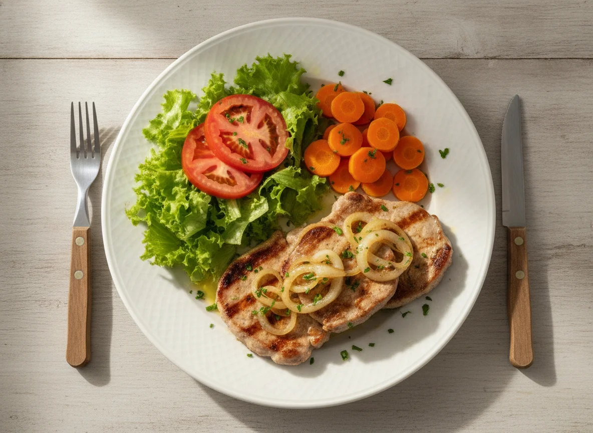 Bife de porco acebolado com salada e cenoura photo