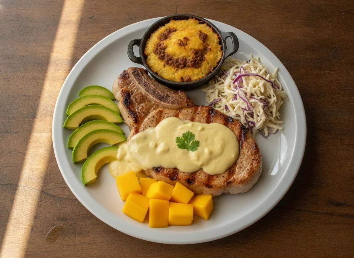 Bife de porco com acompanhamentos variados photo