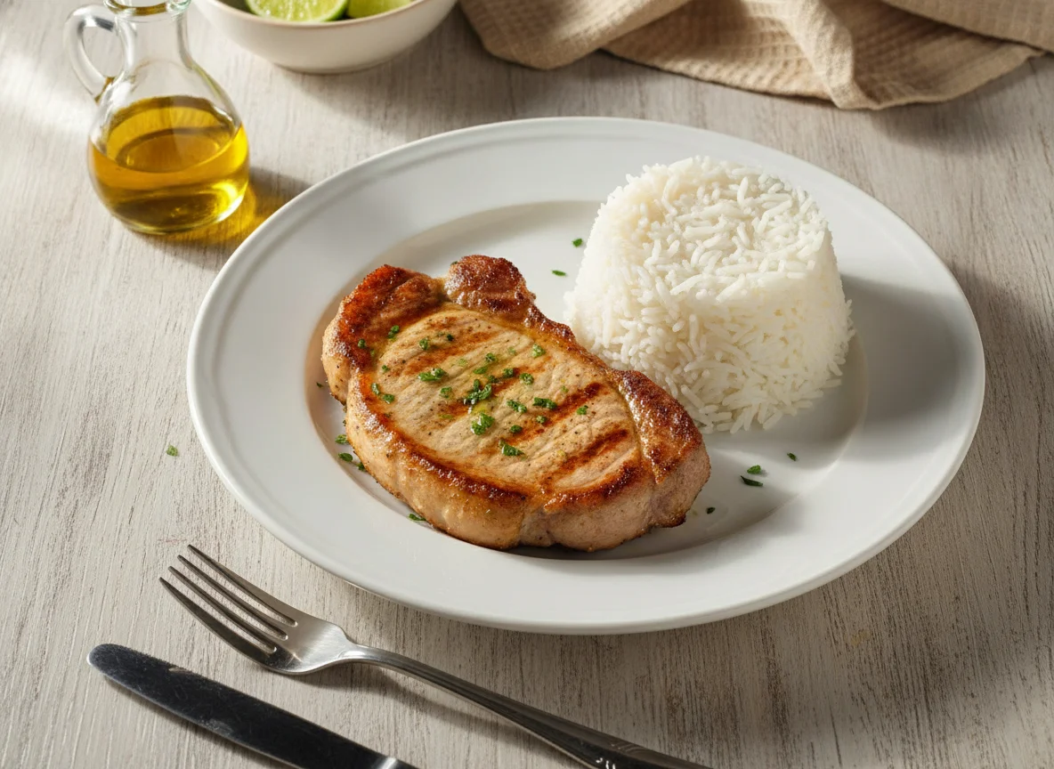 Bife de porco com arroz branco photo