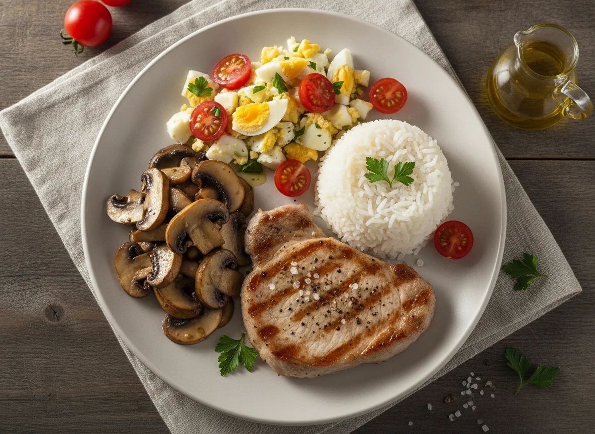 Bife de porco com arroz, cogumelos e salada de ovo photo