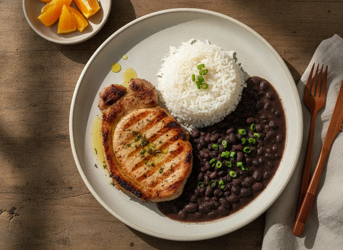 Bife de porco com arroz e feijão preto photo