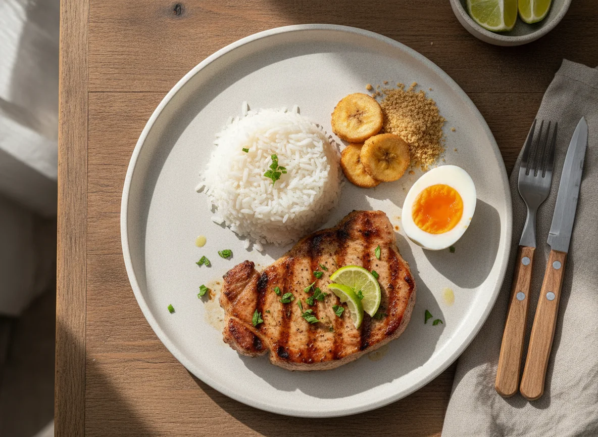 Bife de porco com arroz e ovo cozido photo