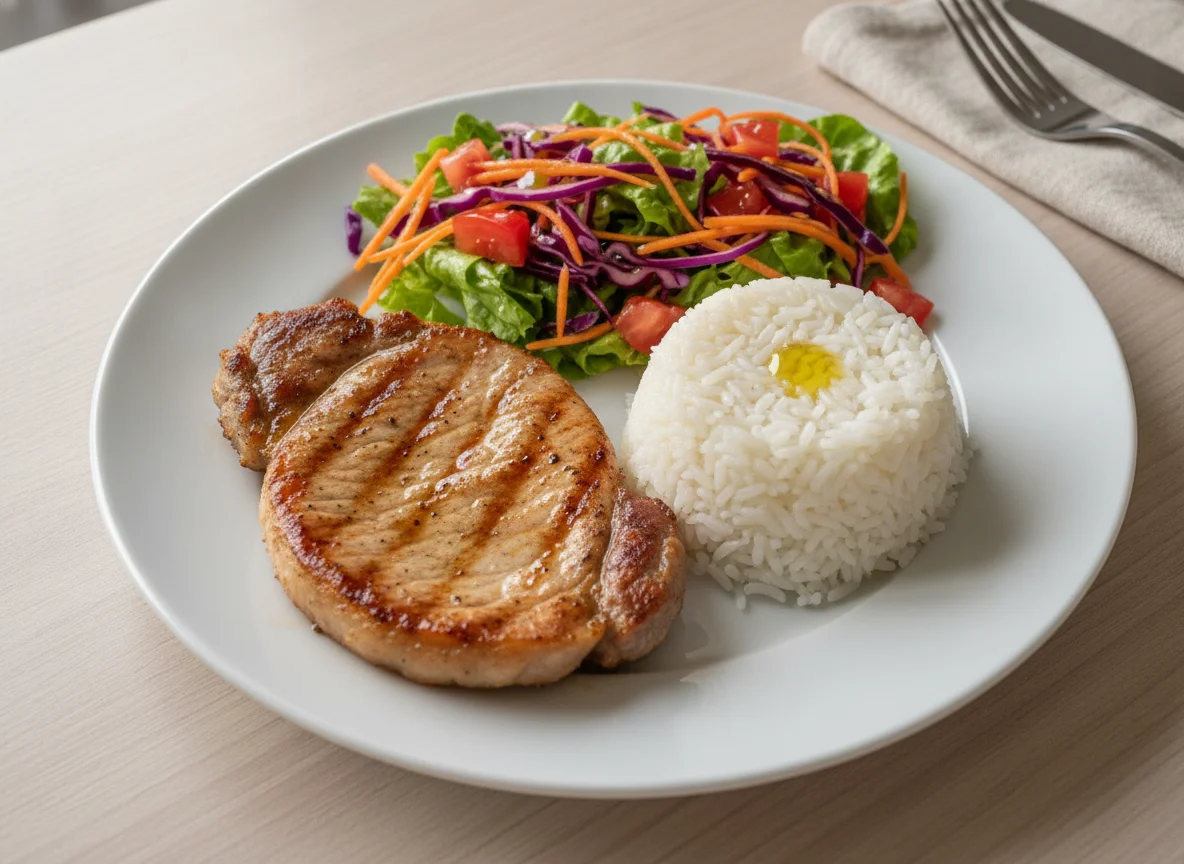 Bife de porco com arroz e salada photo