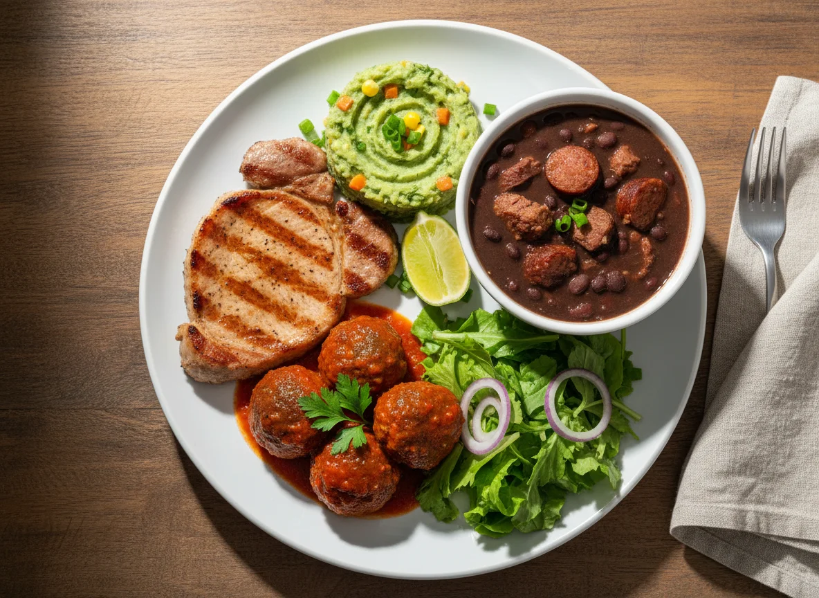 Bife de Porco com Feijoada, Almôndegas e Purê de Couve photo