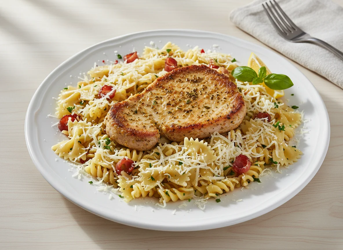 Bife de porco com massa e queijo photo