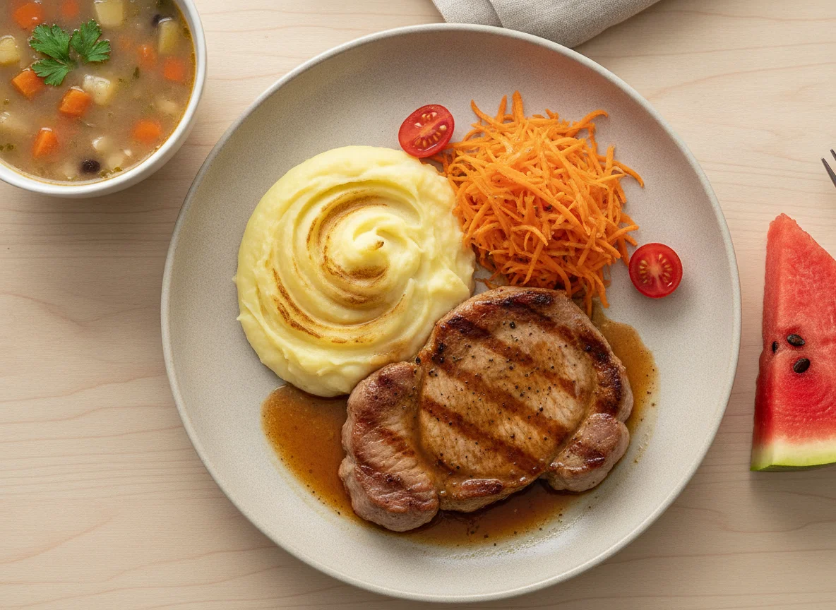 Bife de porco com puré de batata, cenoura ralada, sopa e melancia photo