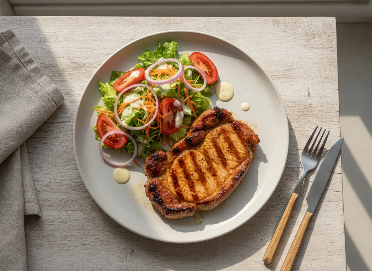 Bife de porco com salada mista photo