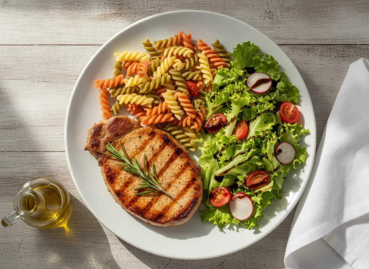 Bife de porco grelhado com massa fusilli tricolor e salada mista photo