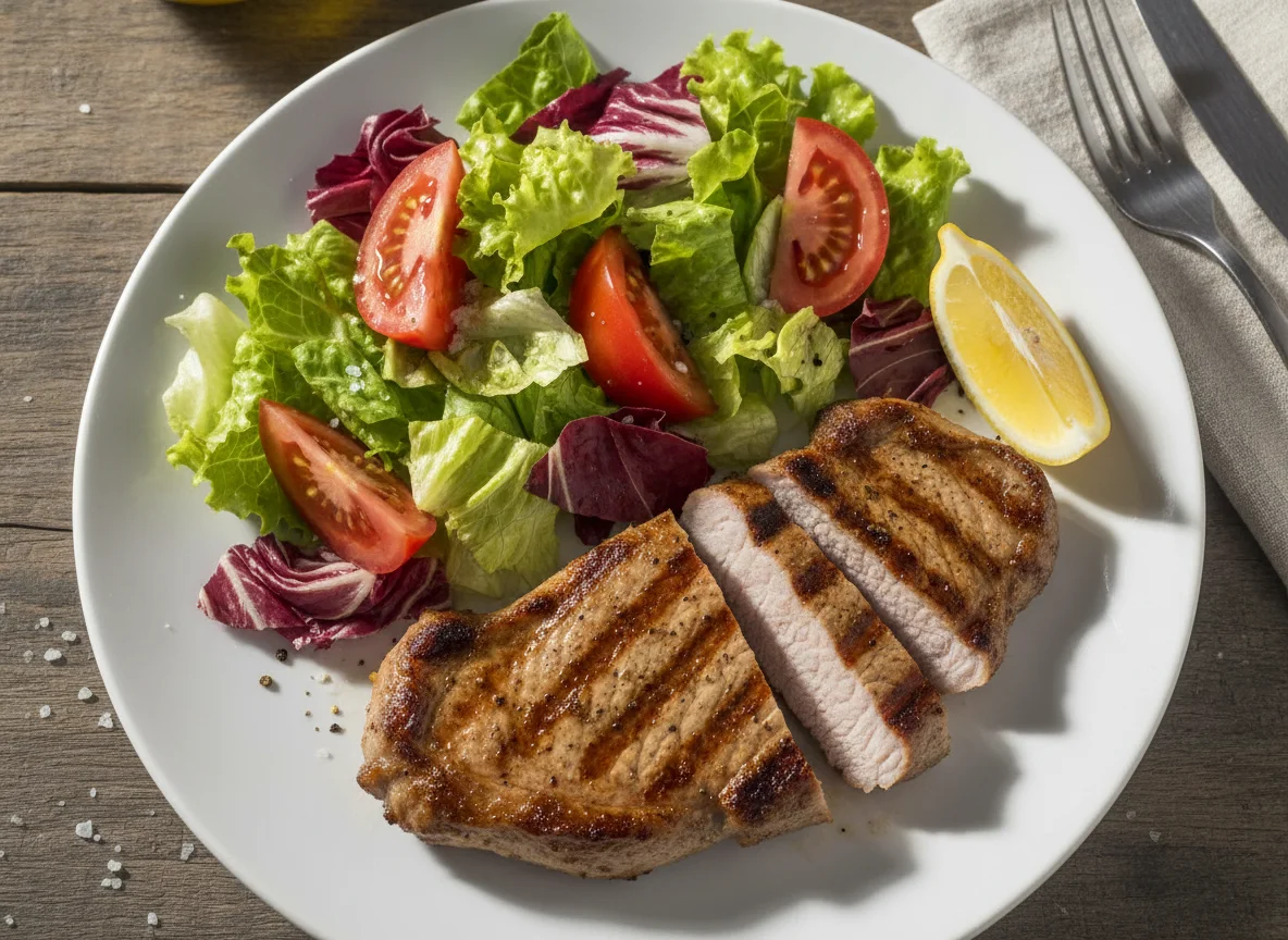 Bife de porco grelhado com salada mista photo