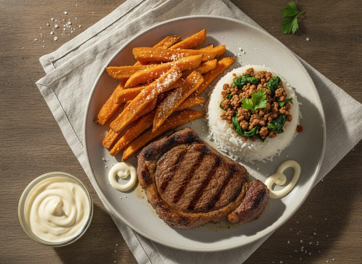 Bife de vaca com arroz, batata-doce frita e molho de alho photo