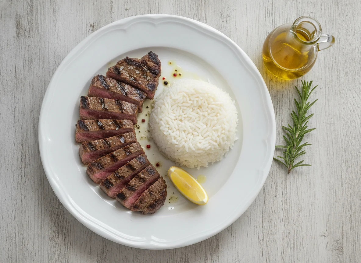 Bife de vaca com arroz branco photo