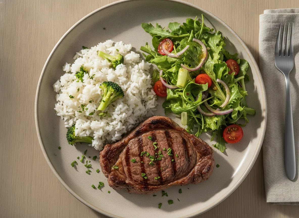 Bife de vaca com arroz de brócolos e salada mista photo