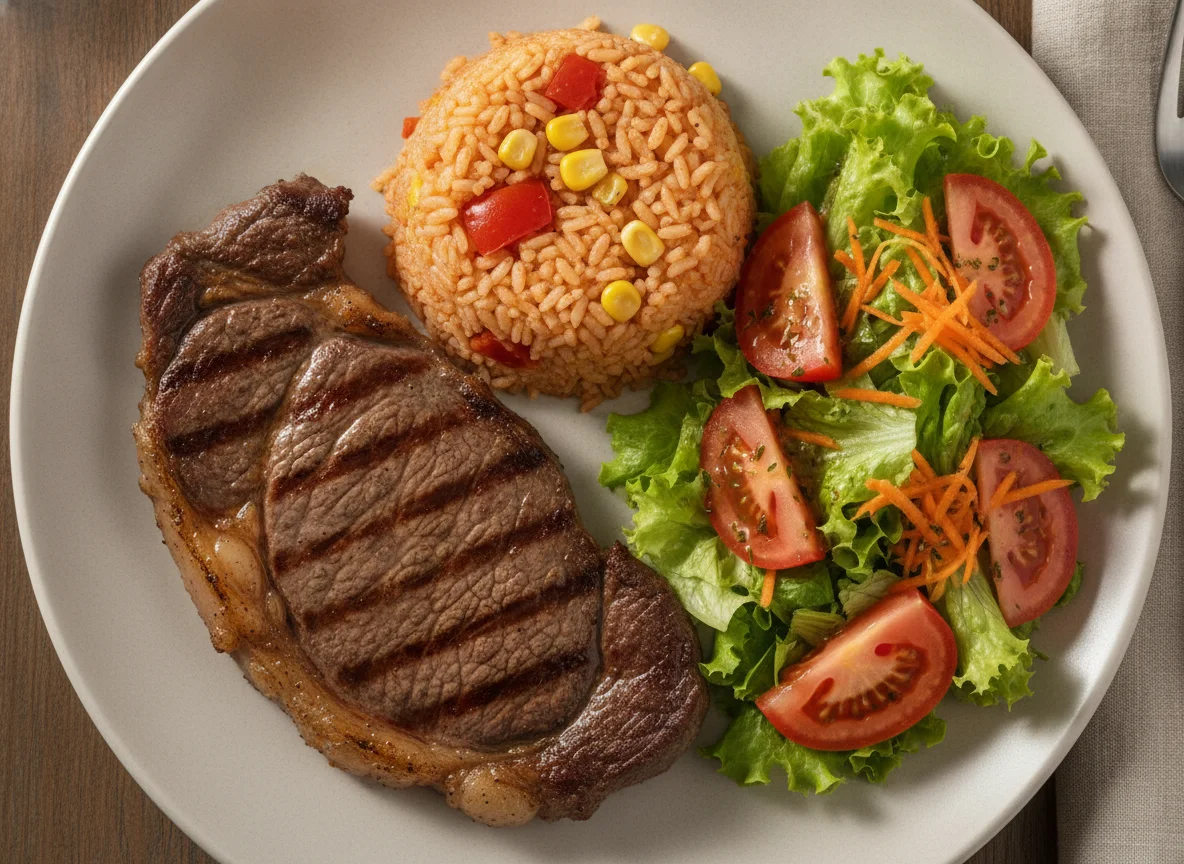 Bife de vaca com arroz de tomate e salada mista photo