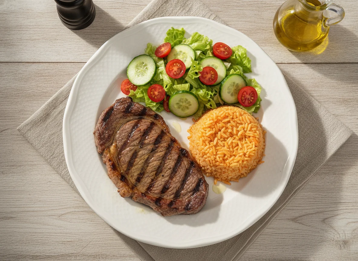 Bife de vaca com arroz e salada mista photo