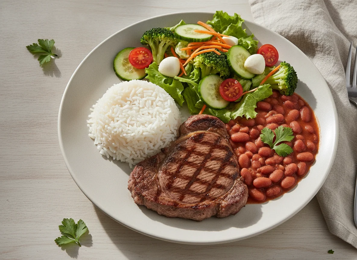 Bife de vaca com arroz, feijão e salada mista photo