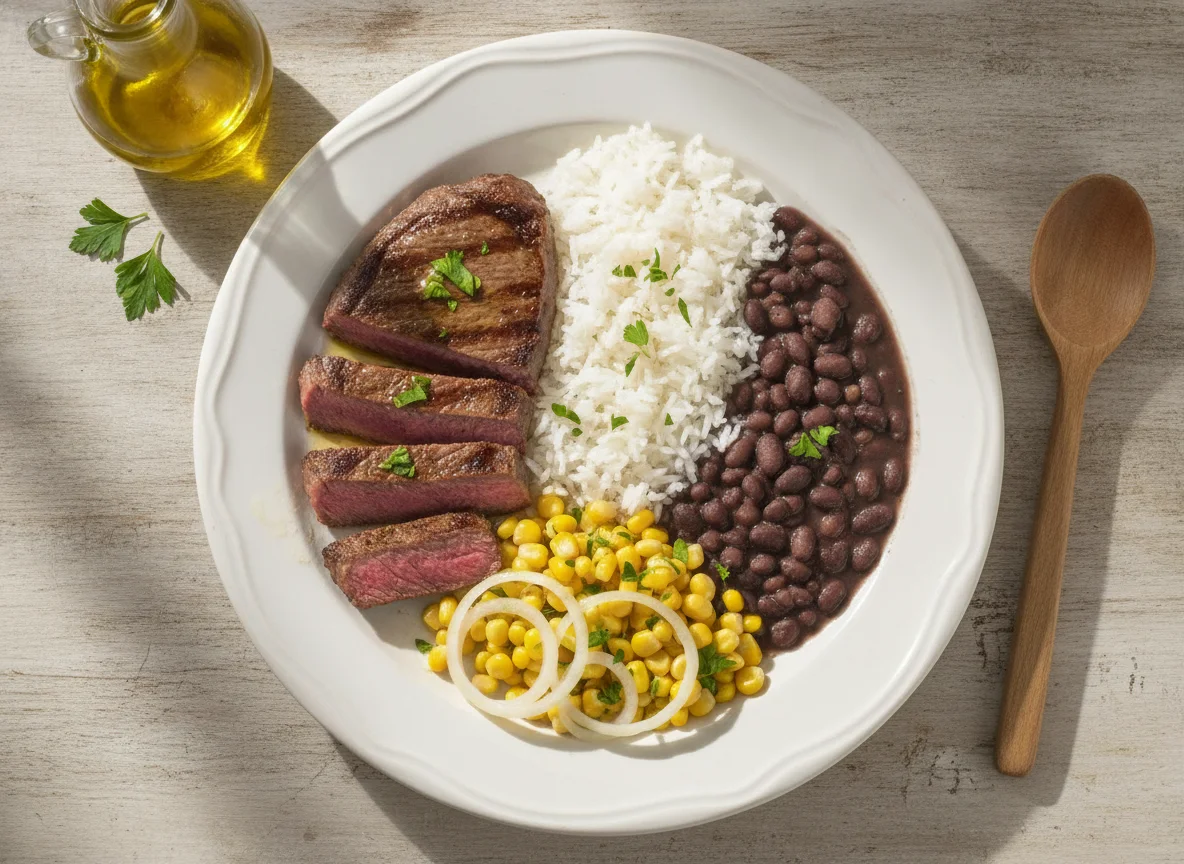 Bife de vaca com arroz, feijão, milho e cebola photo
