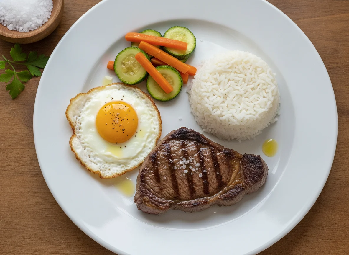 Bife de vaca com arroz, ovo estrelado e legumes photo
