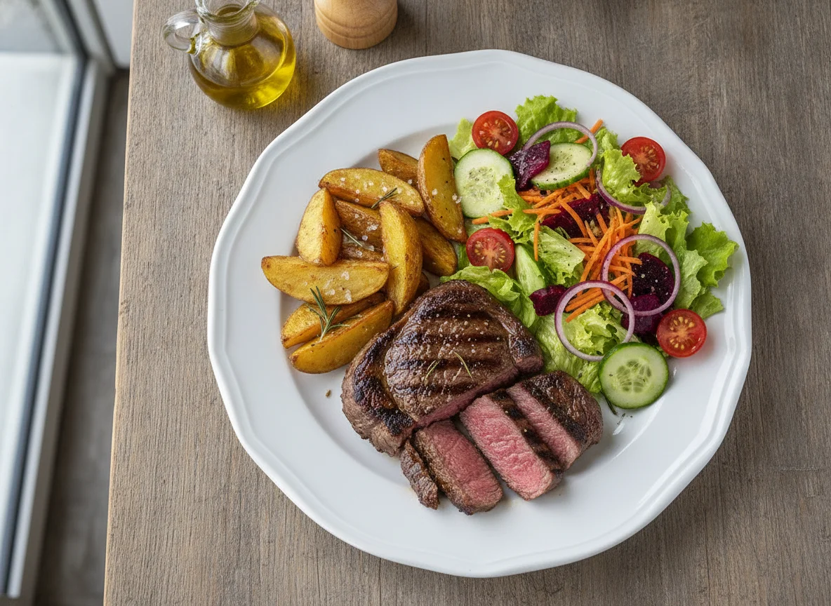 Bife de vaca com batata assada e salada mista photo