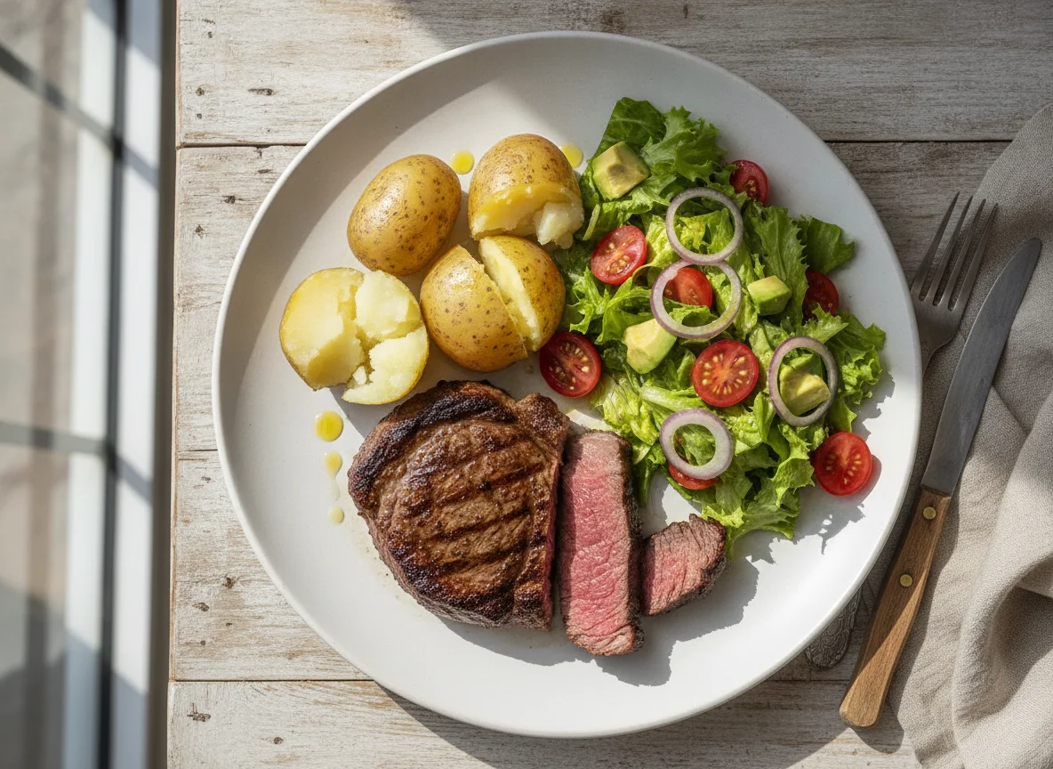 Bife de vaca com batata cozida e salada mista photo