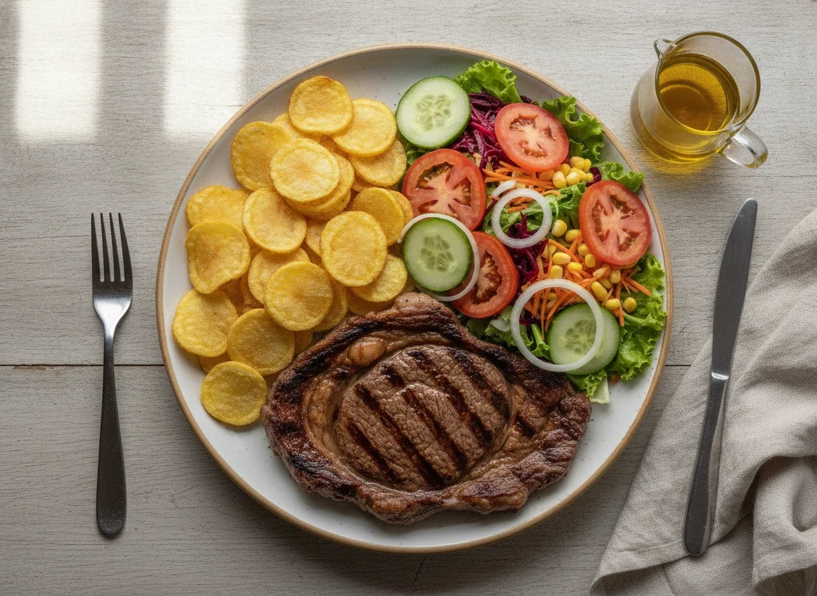 Bife de vaca com batatas fritas e salada mista photo