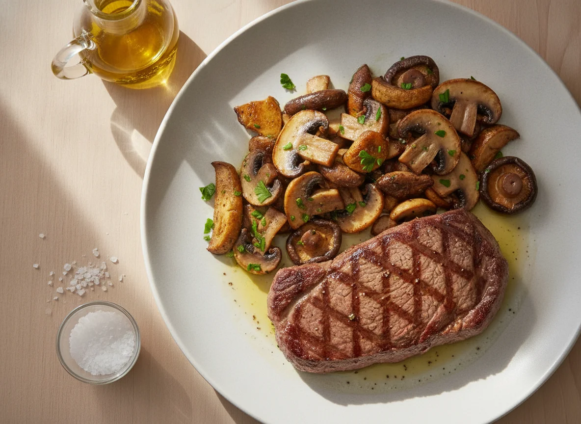 Bife de vaca com cogumelos salteados photo