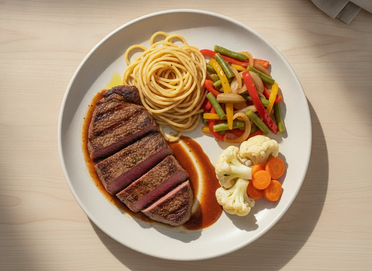 Bife de vaca com esparguete e legumes salteados photo