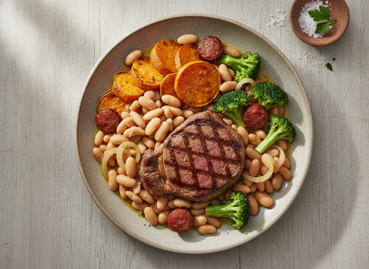 Bife de vaca com feijão, batata-doce e brócolos photo