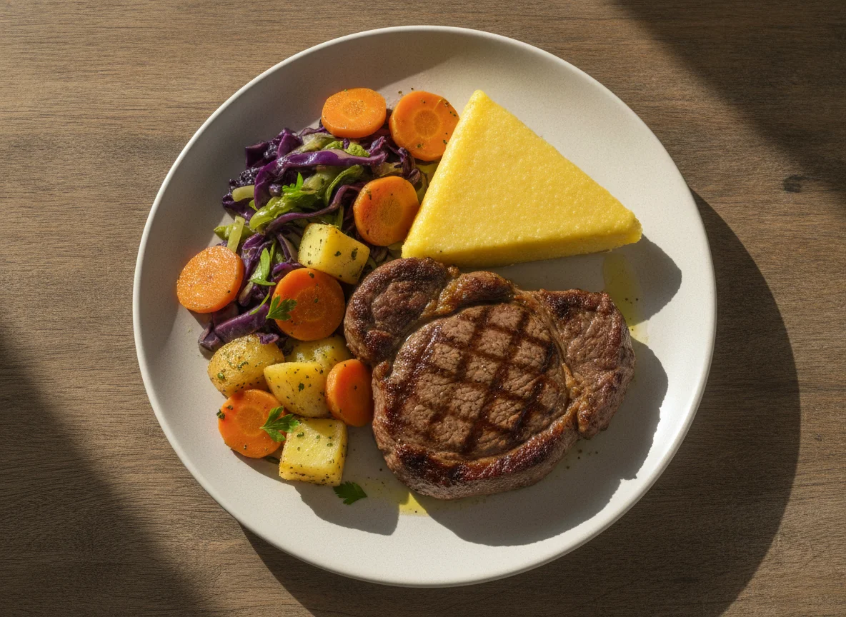 Bife de vaca com polenta e legumes salteados photo
