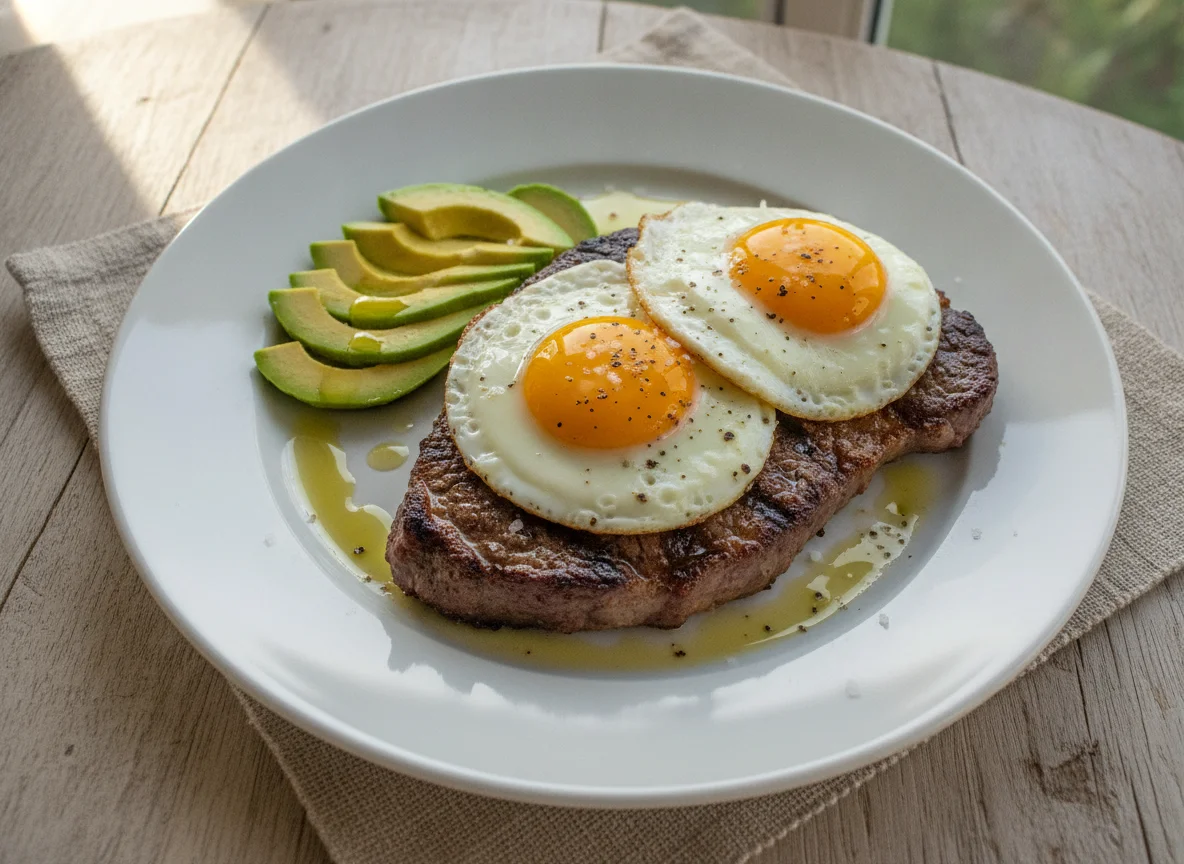 Bife de vaca grelhado com ovos estrelados e abacate photo