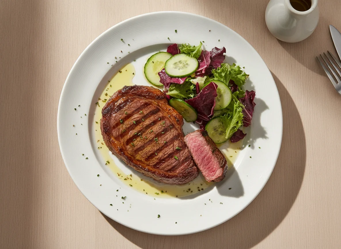 Bife de vaca grelhado com salada mista photo