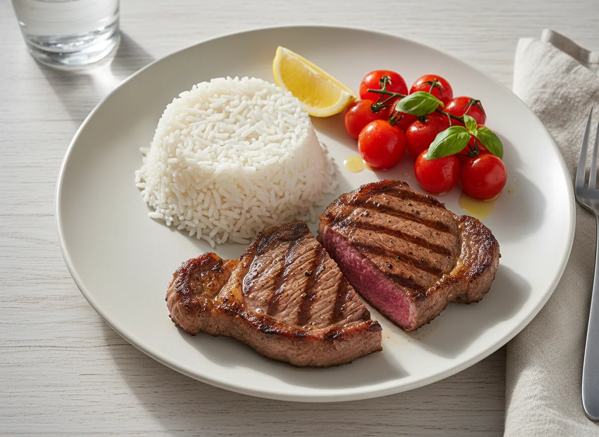 Bife grelhado com arroz e tomate cereja photo