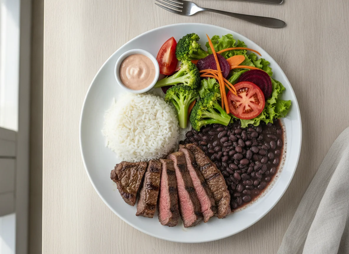 Bife grelhado com arroz, feijão e salada photo