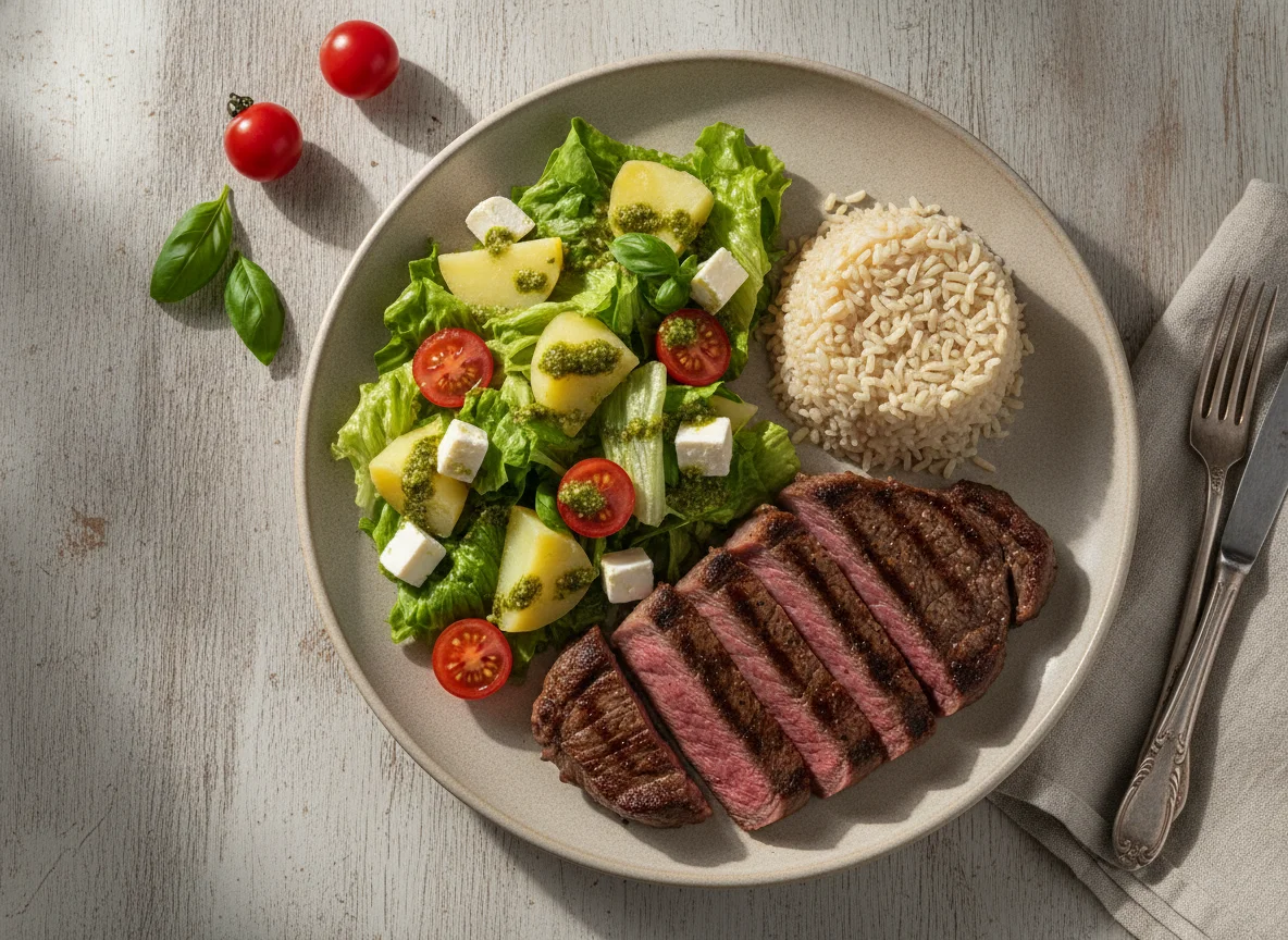 Bife grelhado com arroz integral, salada e acompanhamentos photo