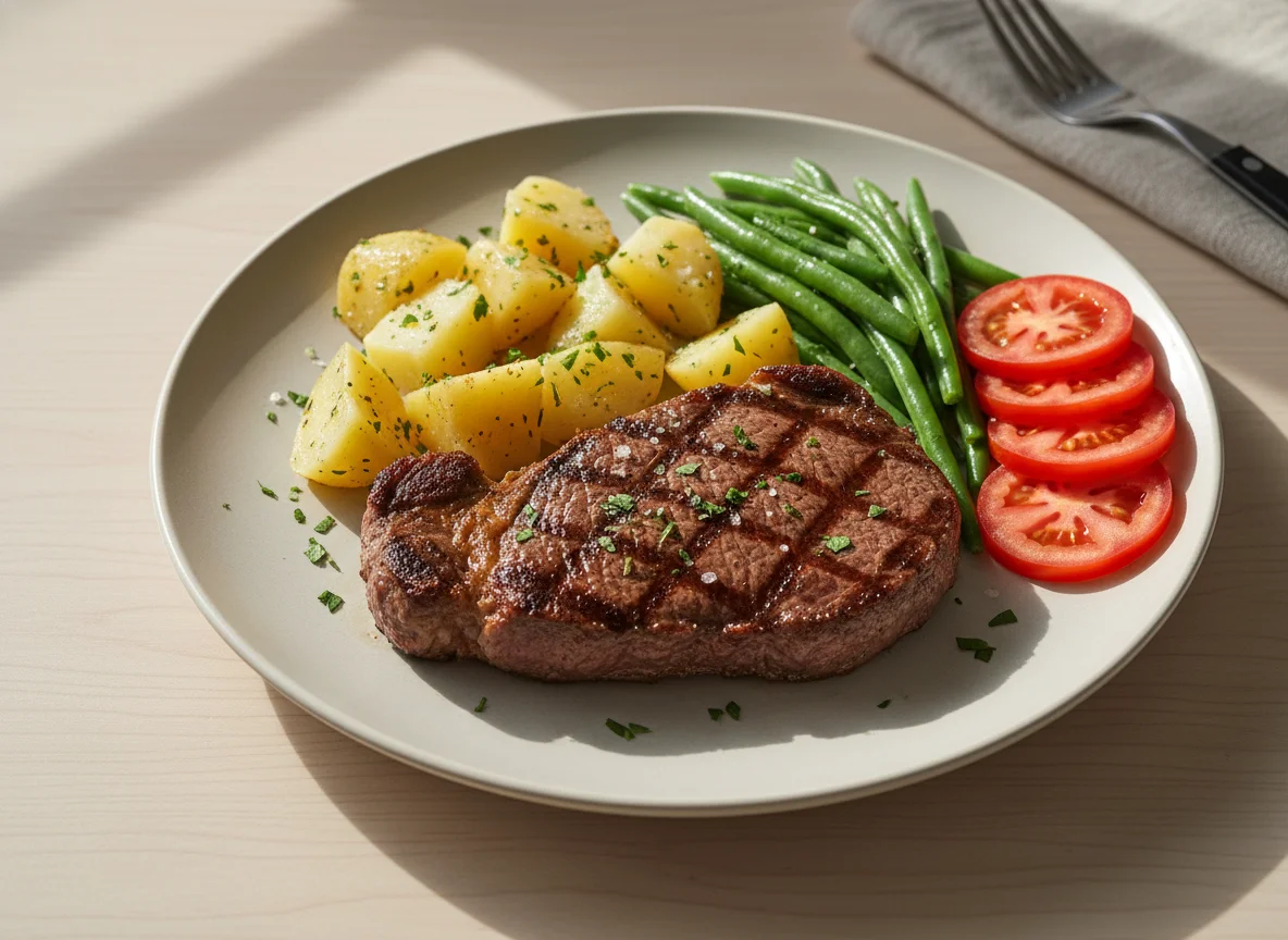 Bife grelhado com batatas, vagem e tomate photo