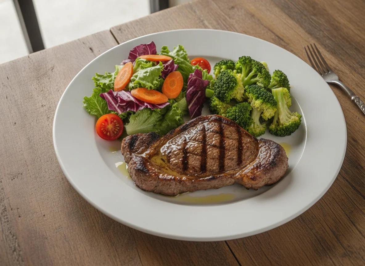 Bife grelhado com brócolis e salada mista photo