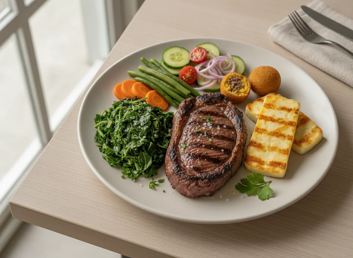 Bife grelhado com couve, queijo coalho e legumes photo