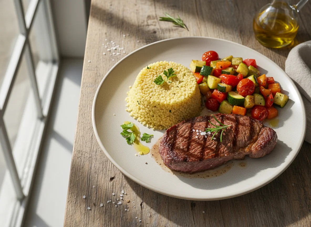 Bife grelhado com cuscuz marroquino e vegetais photo
