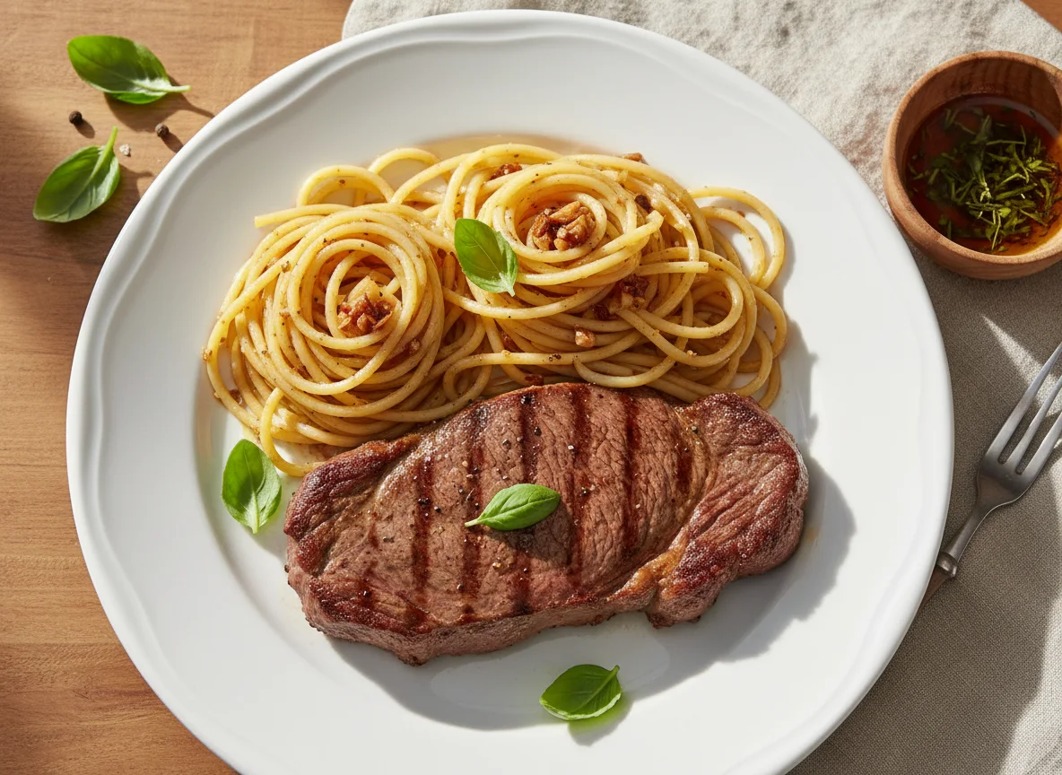 Bife grelhado com esparguete photo