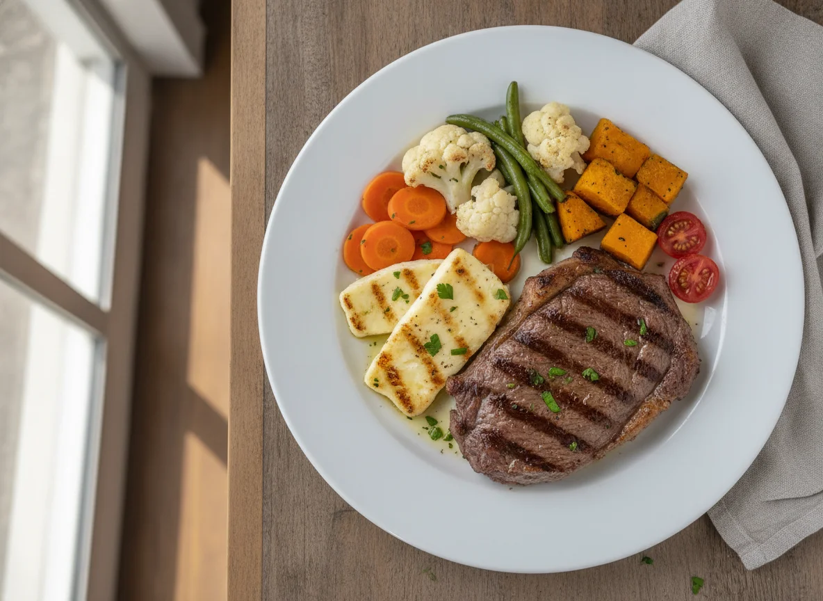 Bife grelhado com legumes e queijo coalho photo